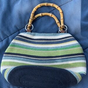 JCPenney Blue and Green Shoulder Bag with Bamboo Handle